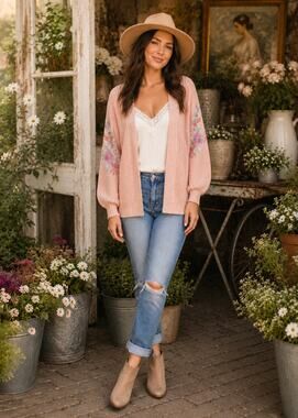 Moon River Floral Embroidered Knit Cardigan Sweater Peach Pink Boho Size L